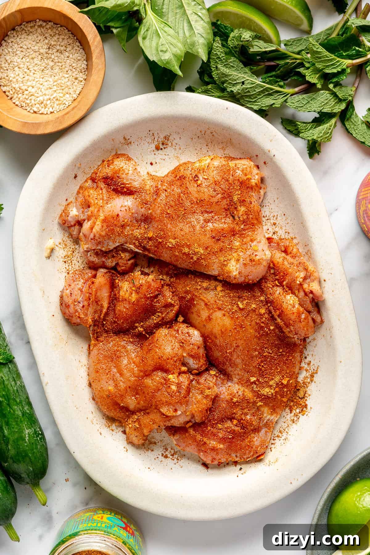 Seasoned raw chicken on white platter.