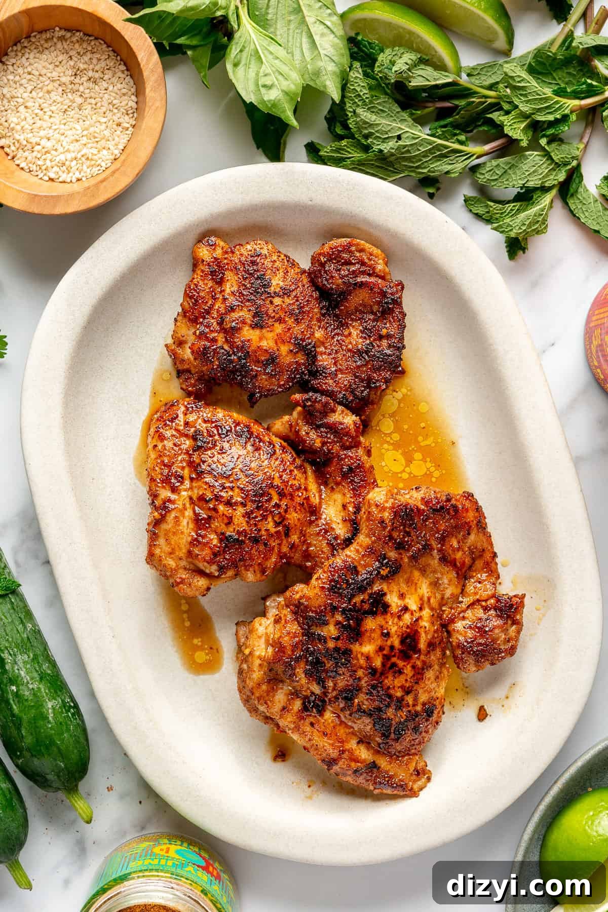 Seared chicken on white platter.