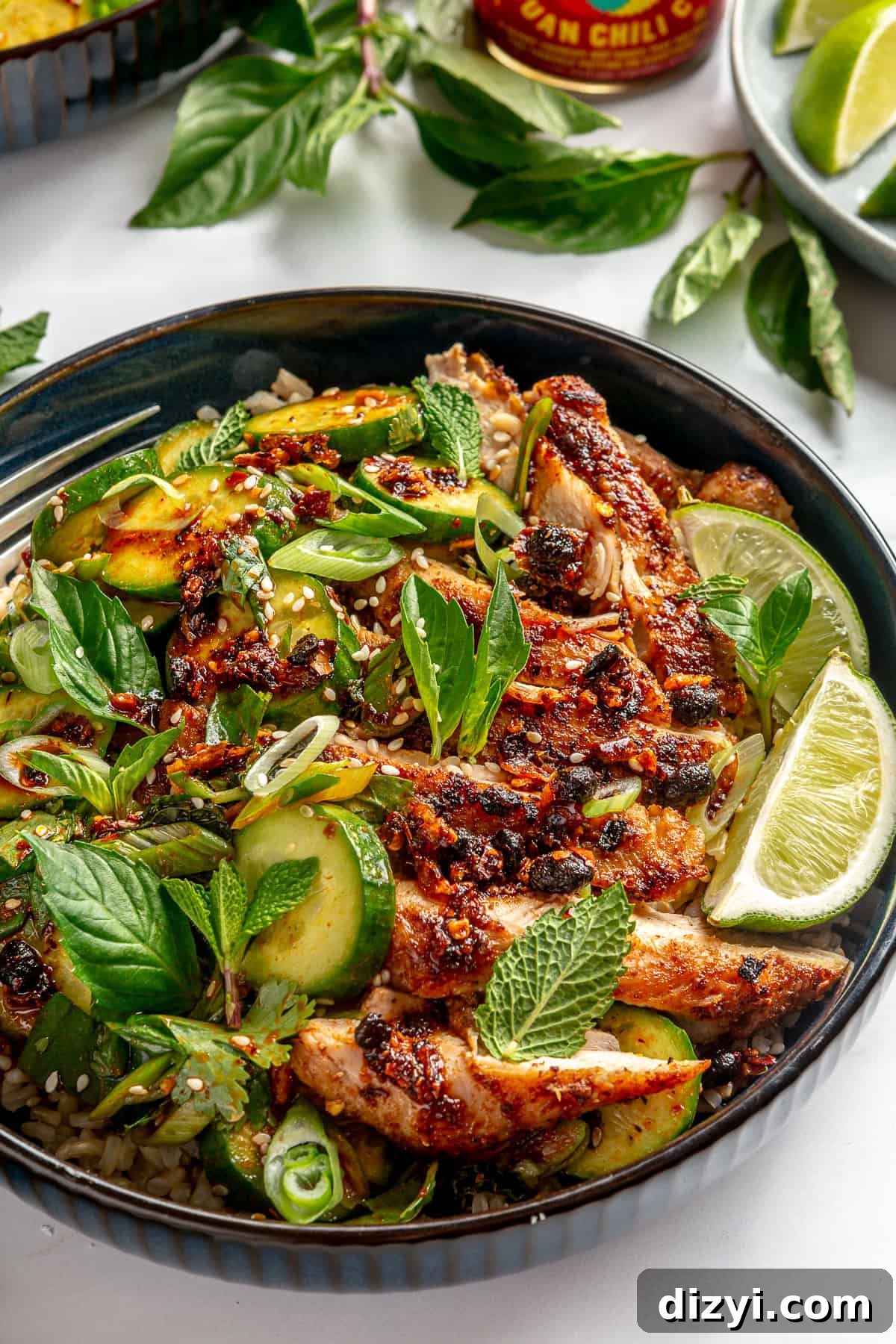 Chili Crisp Chicken Bowl assembled in black bowl.