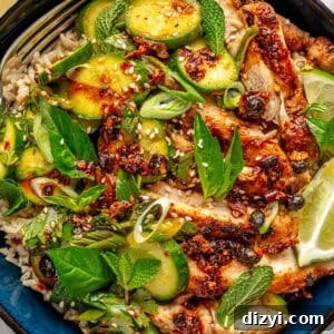 Chili Crisp Chicken Bowl assembled in black bowl.