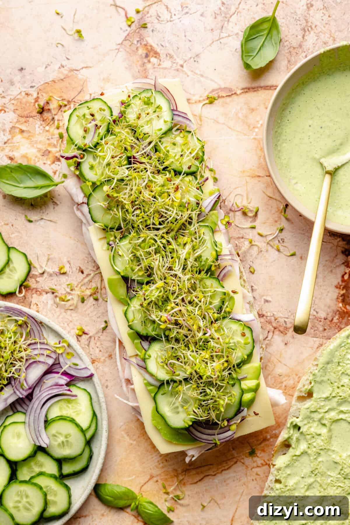 Green Goddess Party Sandwich assembled without top piece of bread on top yet.