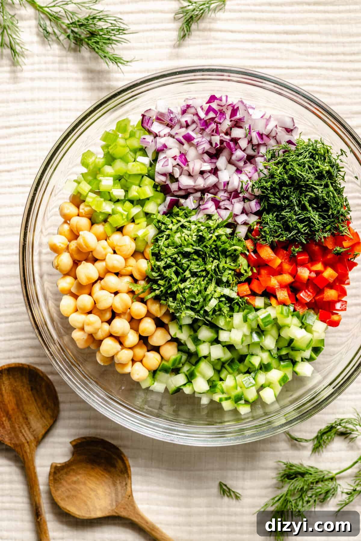 Rainbow Chickpea Salad ingredients in bowl before it is mixed.