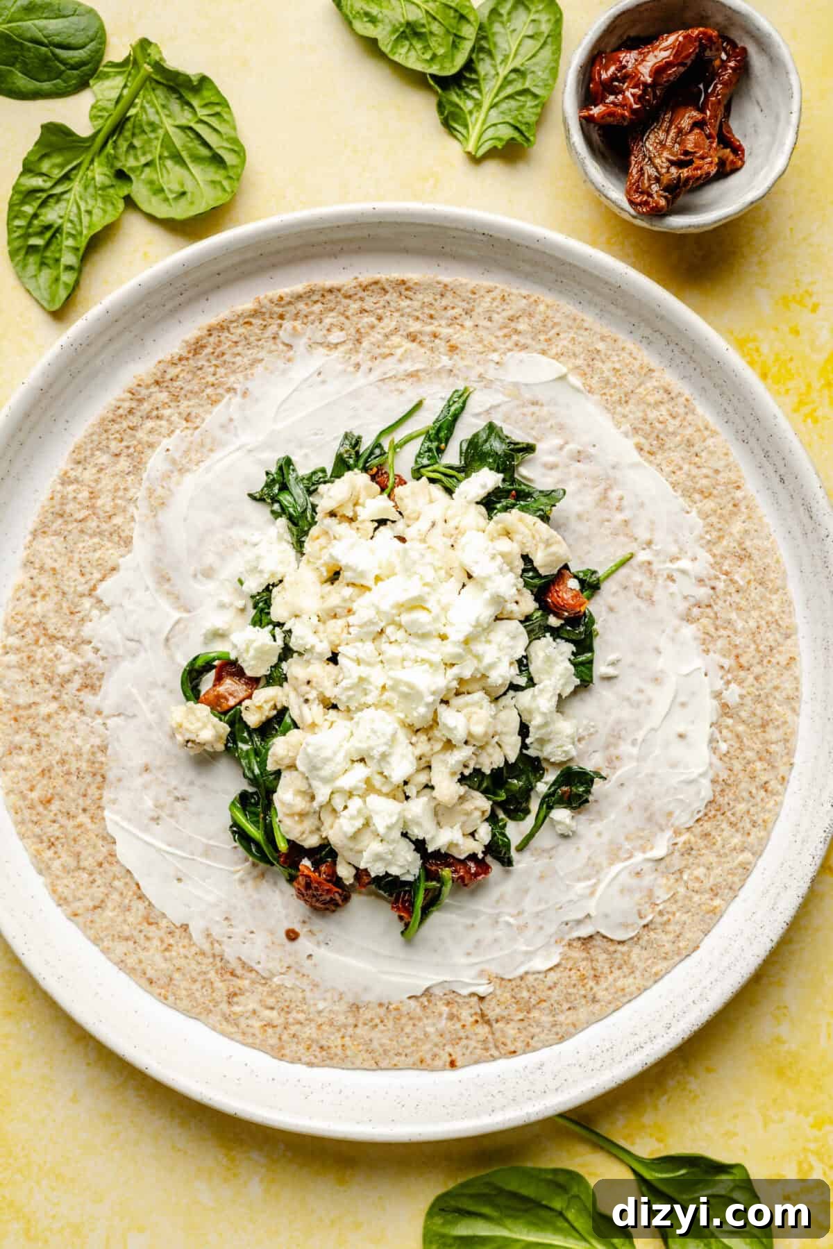 Copycat Starbucks Egg White Breakfast Wrap Recipe 5 Open tortilla with Egg White Breakfast Wrap ingredients before it is folded.
