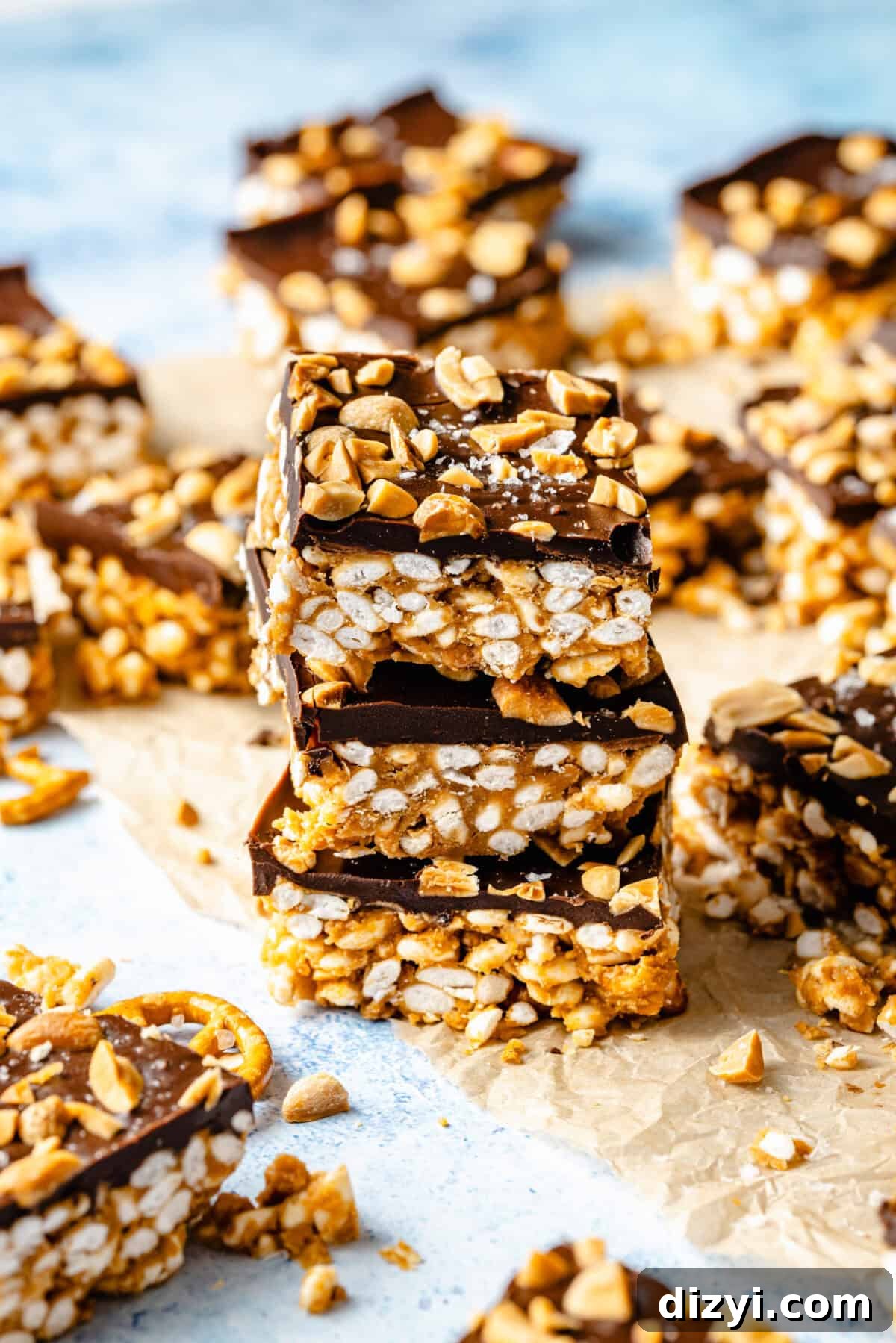 Finished Gluten-Free Take 5 Bars, cut into squares and stacked three on top of each other.