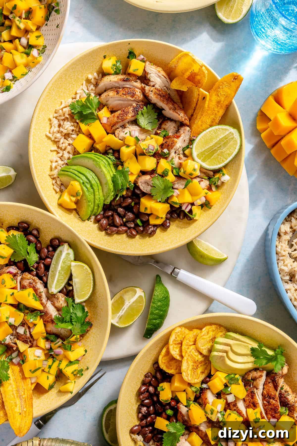 Caribbean Chicken Bowls with Jerk Seasoning and Mango Salsa 3 Three finished Caribbean Inspired Chicken Bowls garnished with avocado and lime wedges.