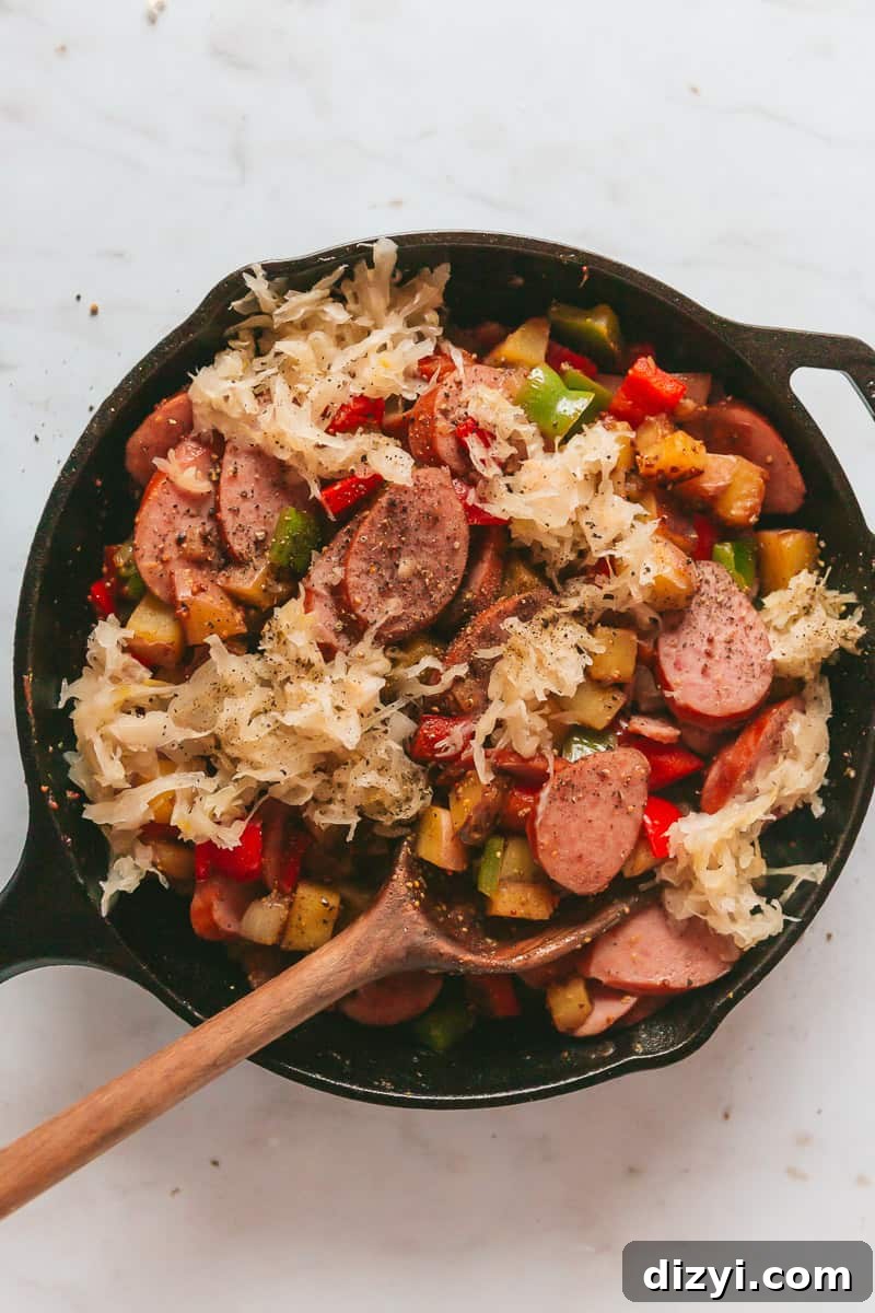 Potato, Pepper, and Kielbasa Skillet with Sauerkraut