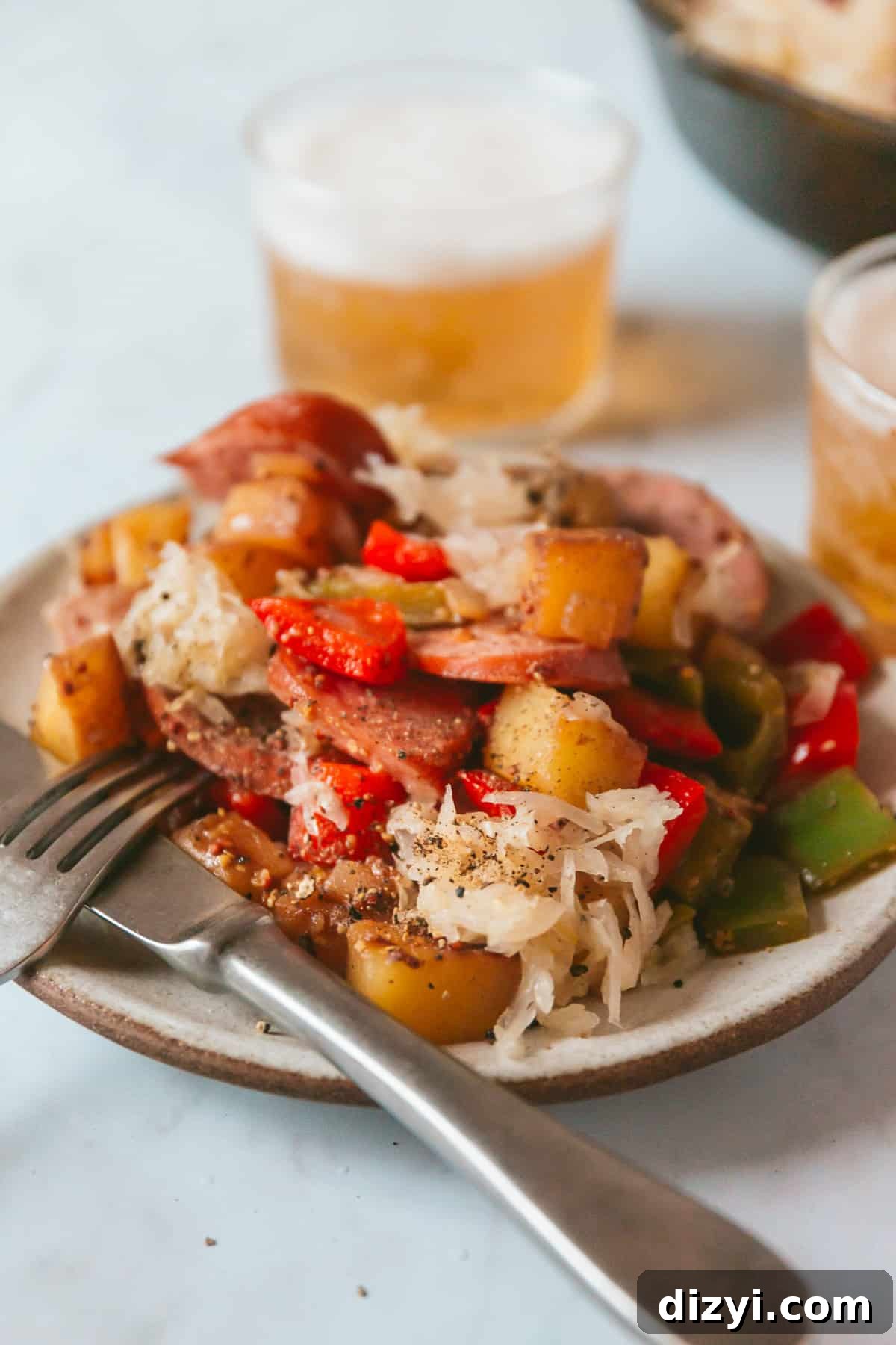 Potato, Pepper, and Kielbasa Skillet with Sauerkraut