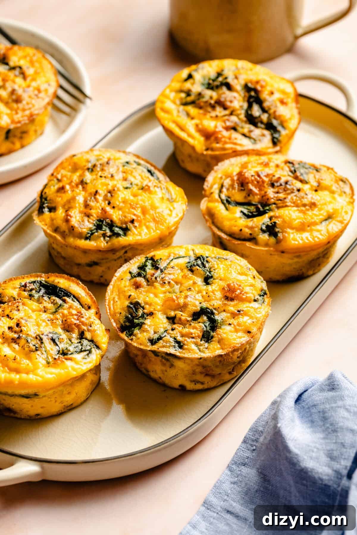 A cream tray of five Sausage and Egg Mini Frittatas on a countertop.