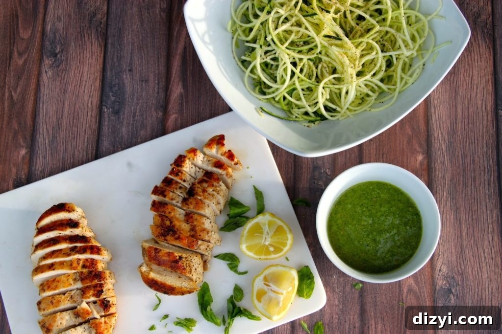 Lemon Basil Pesto with Chicken and Zucchini Noodles 2 Lemon Basil Pesto Over Chicken & Zoodles