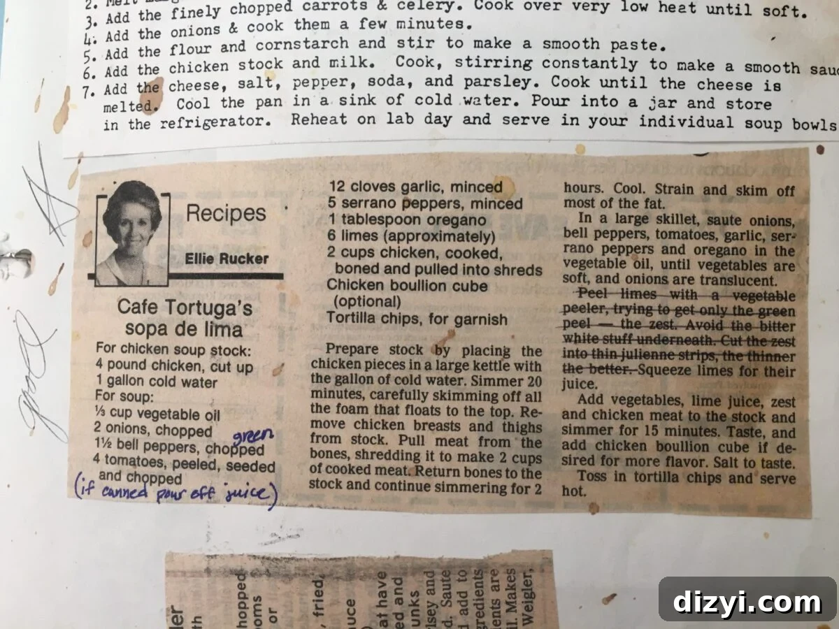 Sopa de Lima: Yucatan Lime Soup Recipe 3 Newspaper clipping about Cafe Tortuga recipe origin.