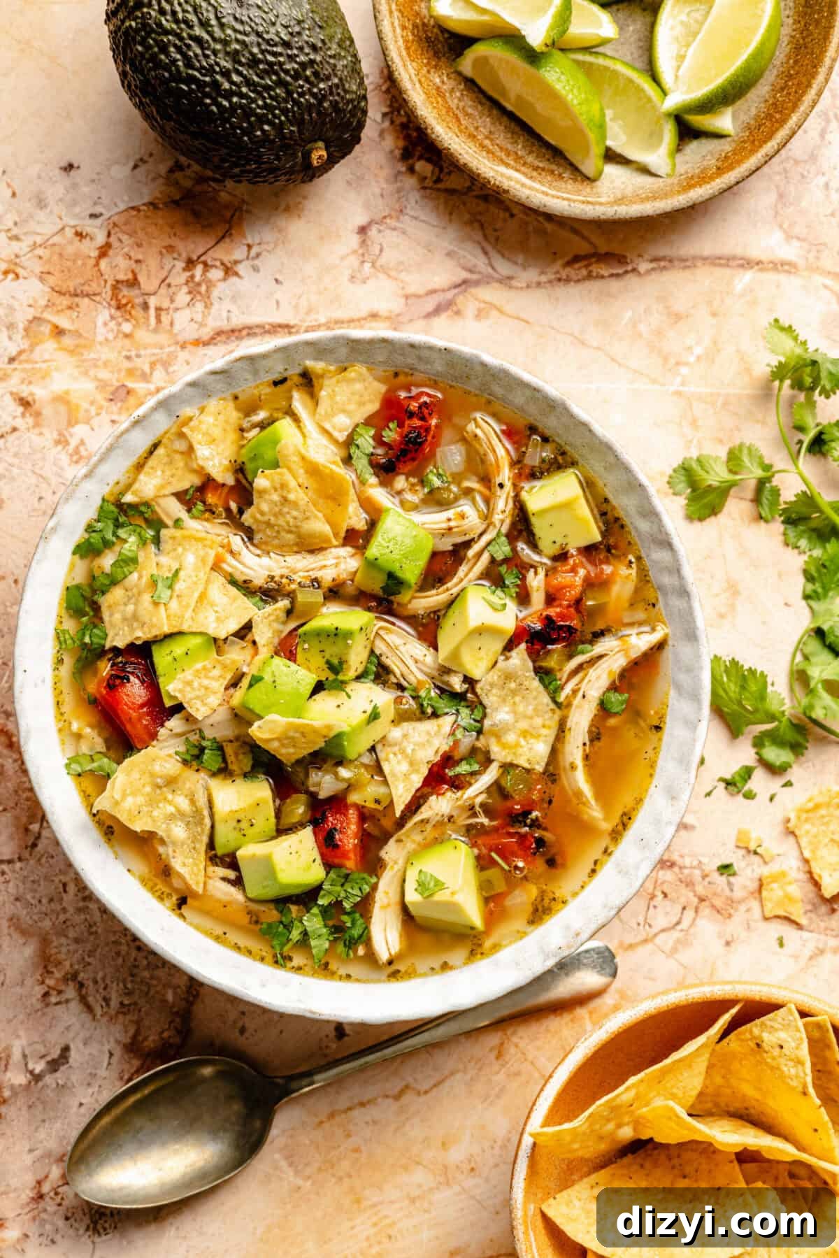 Sopa de Lima: Yucatan Lime Soup Recipe 4 Ingredients on a countertop for Sopa de Lima.