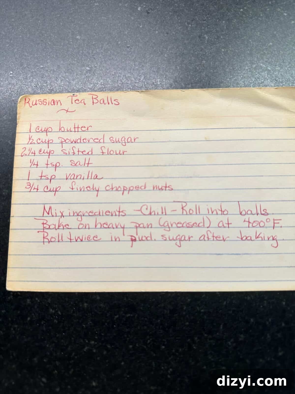 GoGo's handwritten recipe card for GoGo's Russian Teacakes.