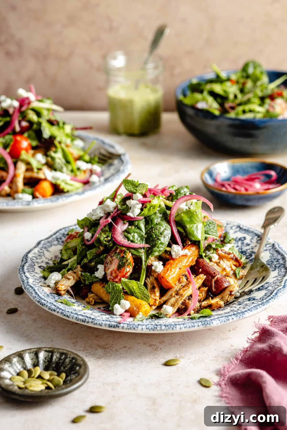 A finished plate of Moroccan-Inspired Roasted Chicken Salad served on a blue and white patterned plate, sitting on a cream countertop. Another plate is visible on the side, the serving bowl of salad, and a small dish of pickled red onions. Another small dish of pepitas and a purple napkin are on the counter as well. In the background is an out-of-focus jar of dressing.