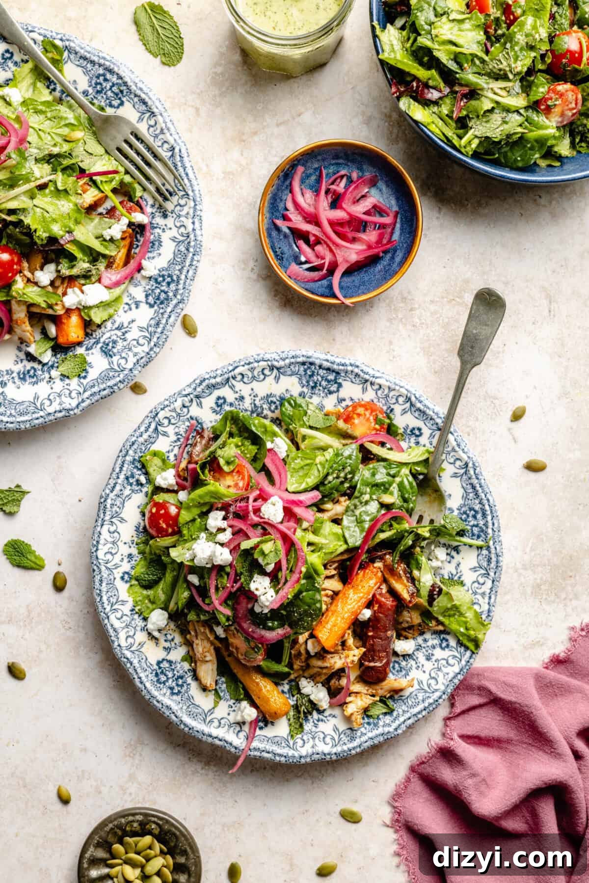 A finished plate of Moroccan-Inspired Roasted Chicken Salad served on a blue and white patterned plate, sitting on a cream countertop. Another plate is visible on the side, the serving bowl of salad, and a small dish of pickled red onions. Another small dish of pepitas and a purple napkin are on the counter as well.