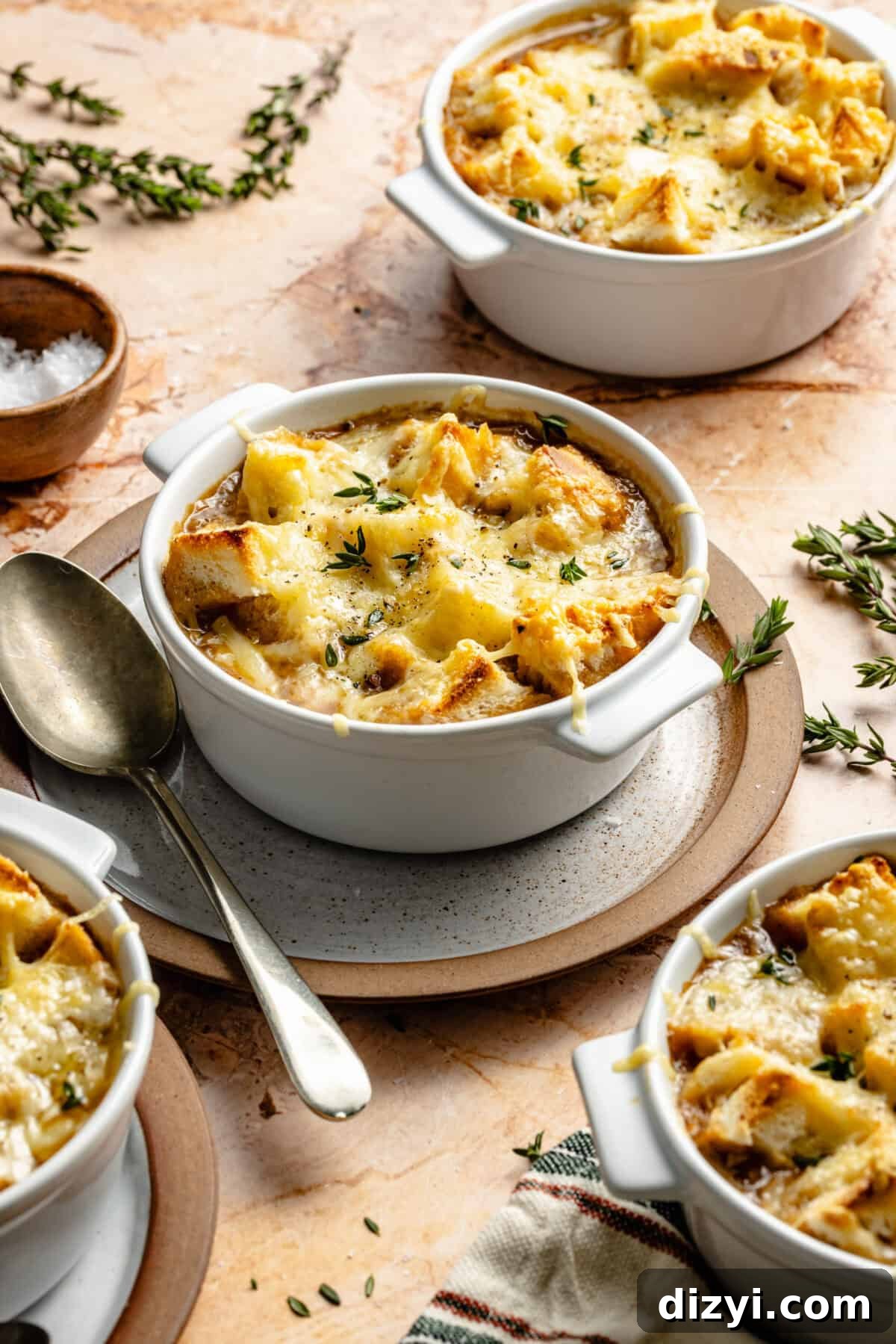 Close up of 4 bowls of French Onion Soup.
