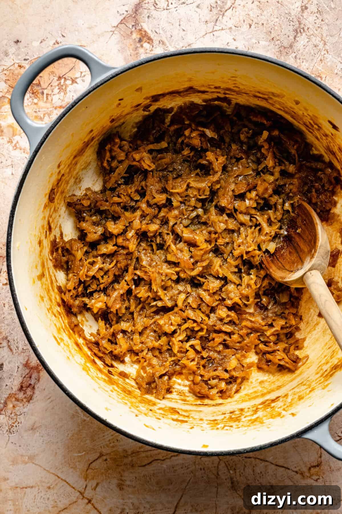 Caramelized onions in large pot for French Onion Soup.