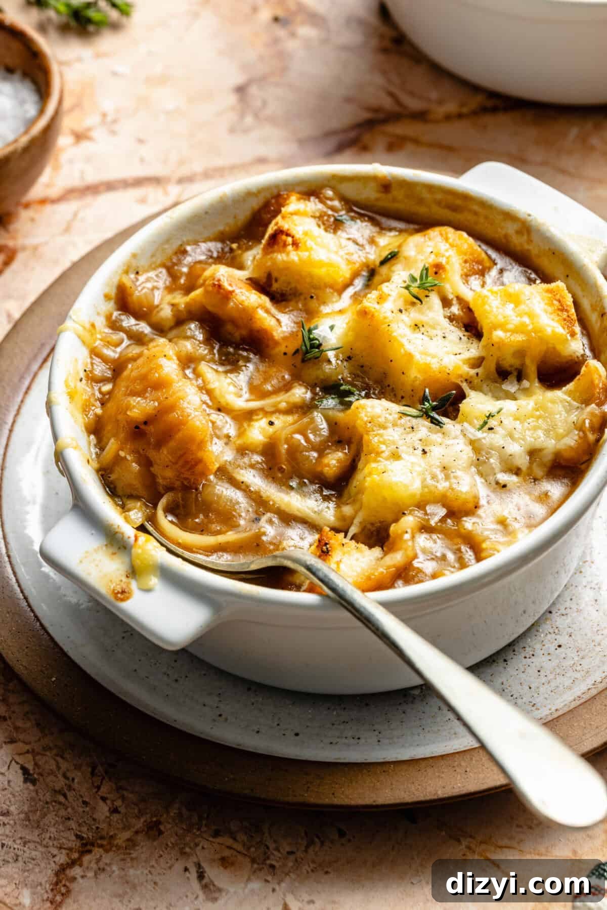 Close up of French Onion Soup.