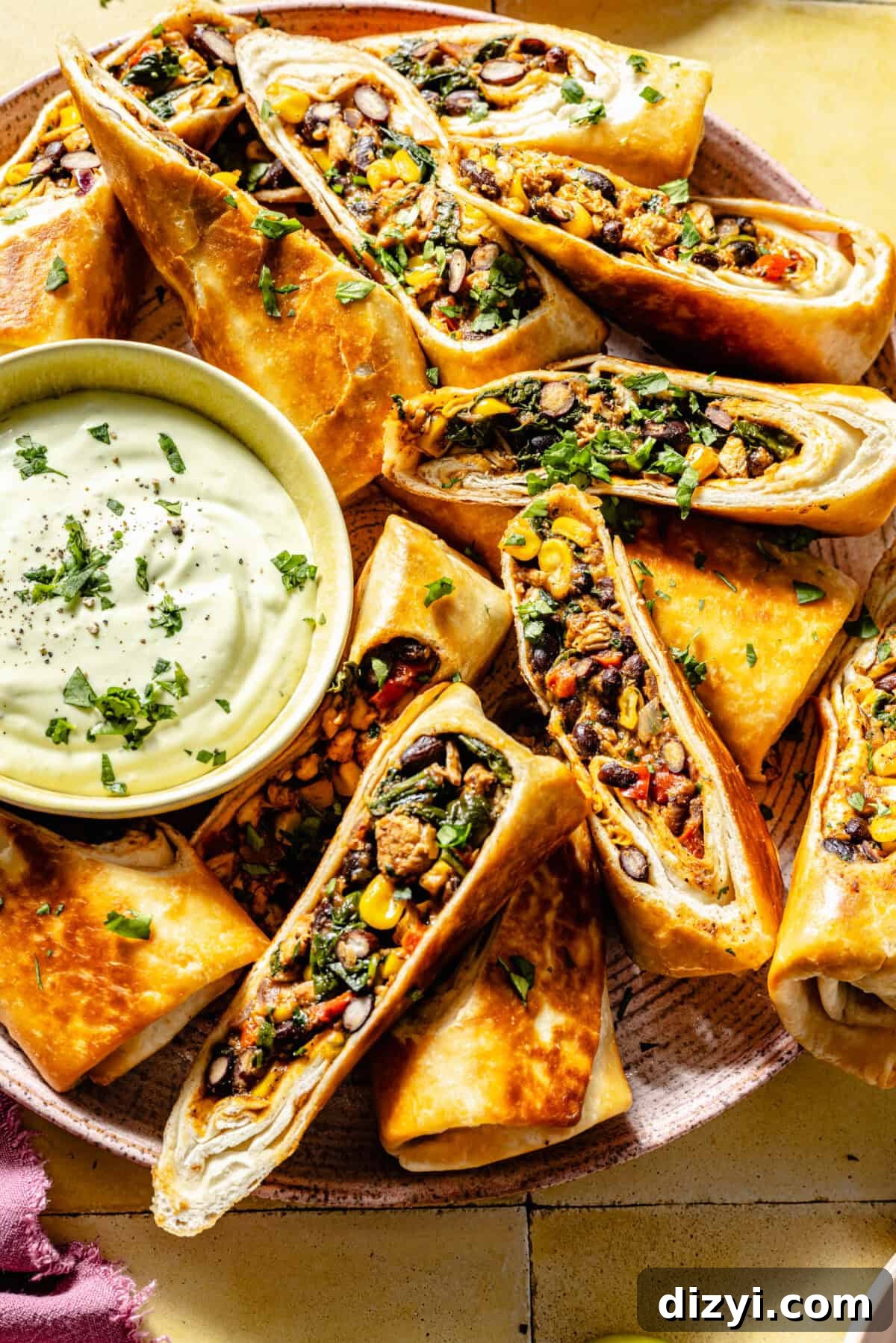 Crispy Southwestern Egg Rolls with Avocado Ranch Dip 6 Close up of Southwestern Egg Rolls.