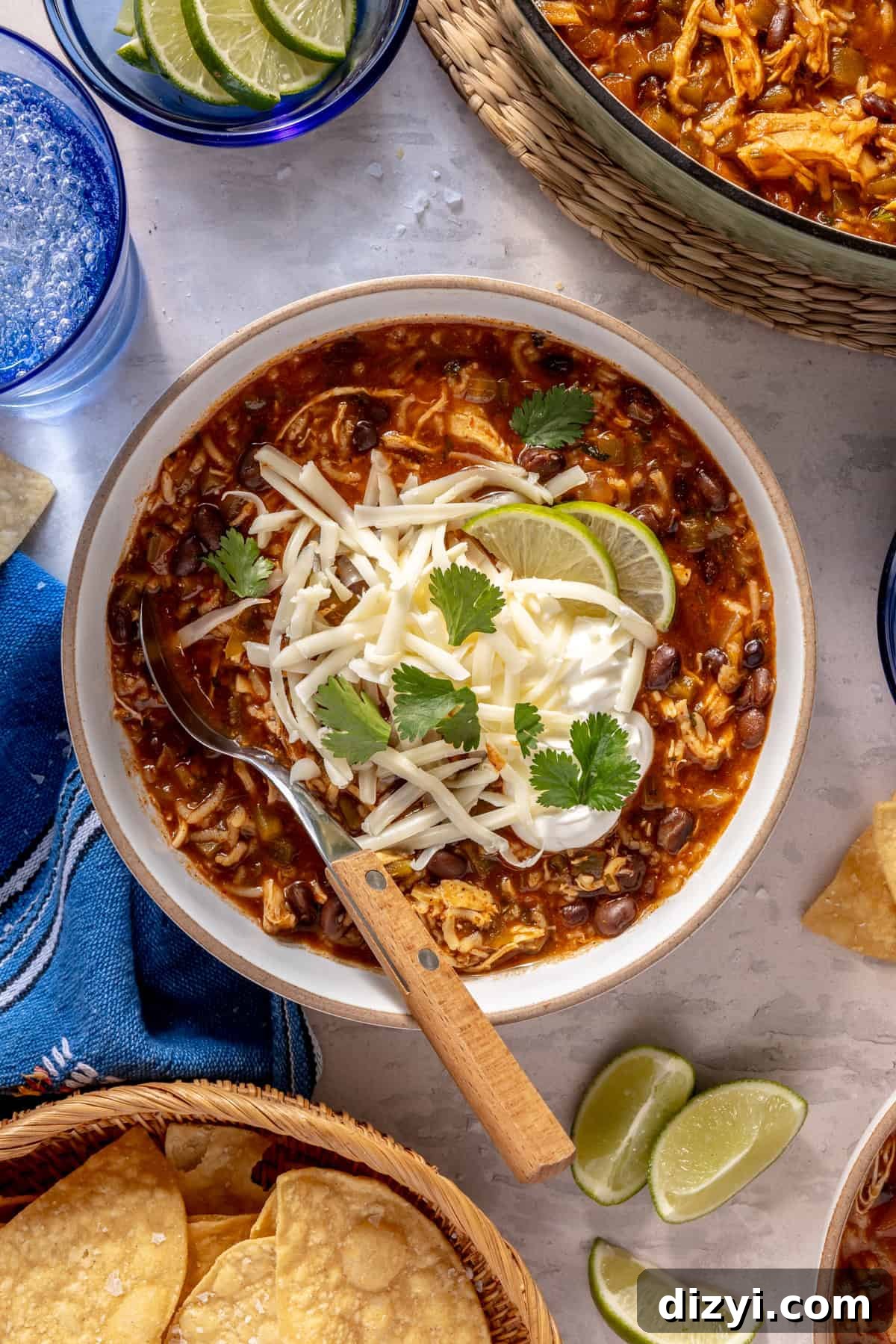 Chicken and Rice Enchilada Soup in a bowl.