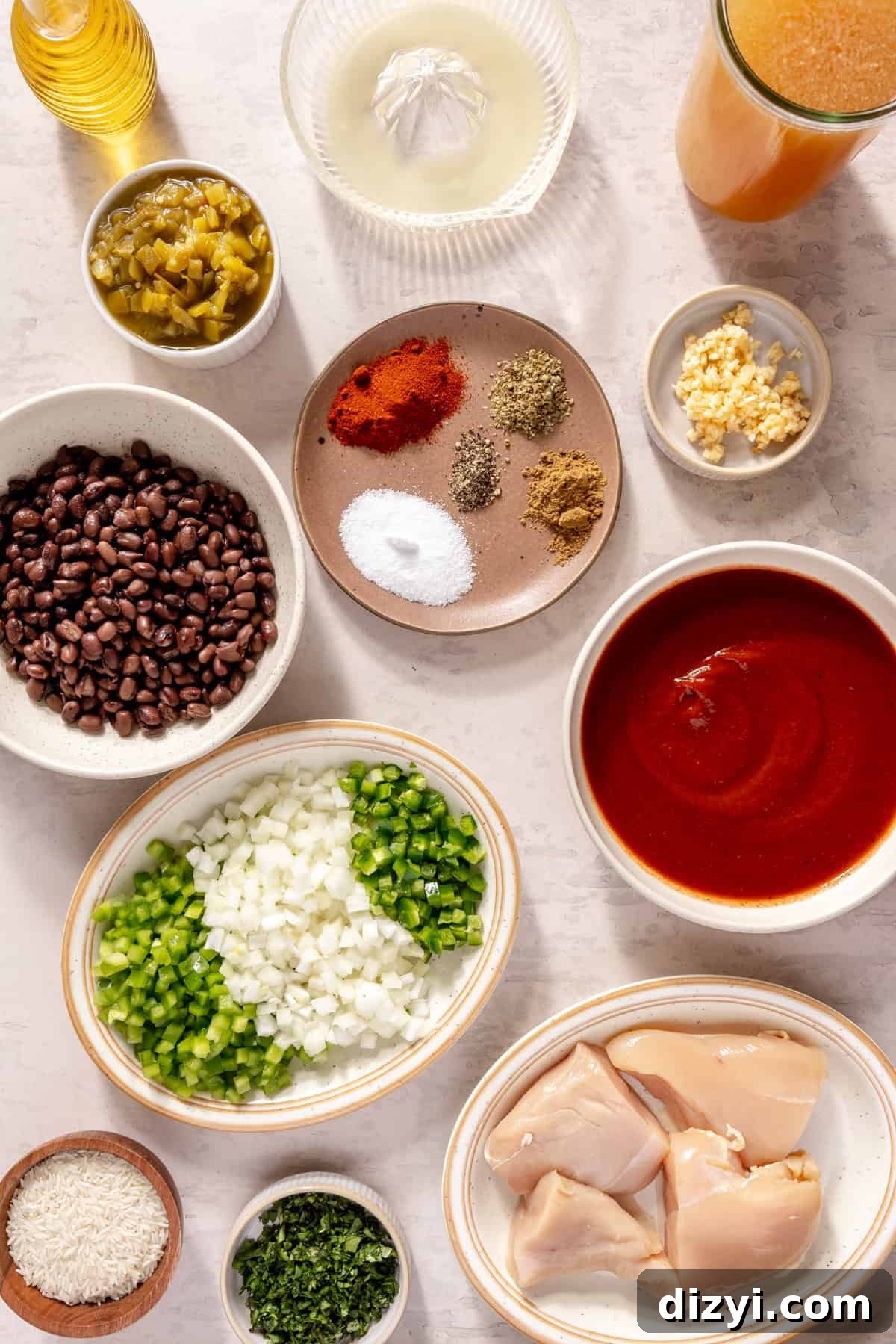 Chicken and Rice Enchilada Soup ingredients on counter.