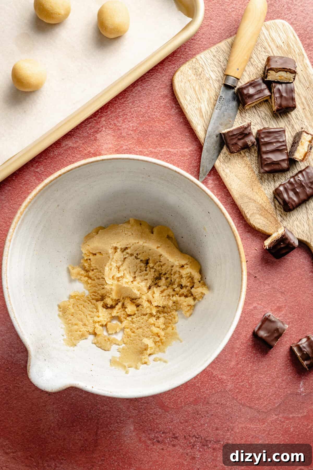 Chocolate Candy Bar Thumbprint Cookies 5 Easy Candy Bar Thumbprint Cookie dough in bowl.