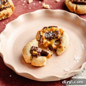 Chocolate Candy Bar Thumbprint Cookies 9 Easy Candy Bar Thumbprint Cookie on a pink plate.