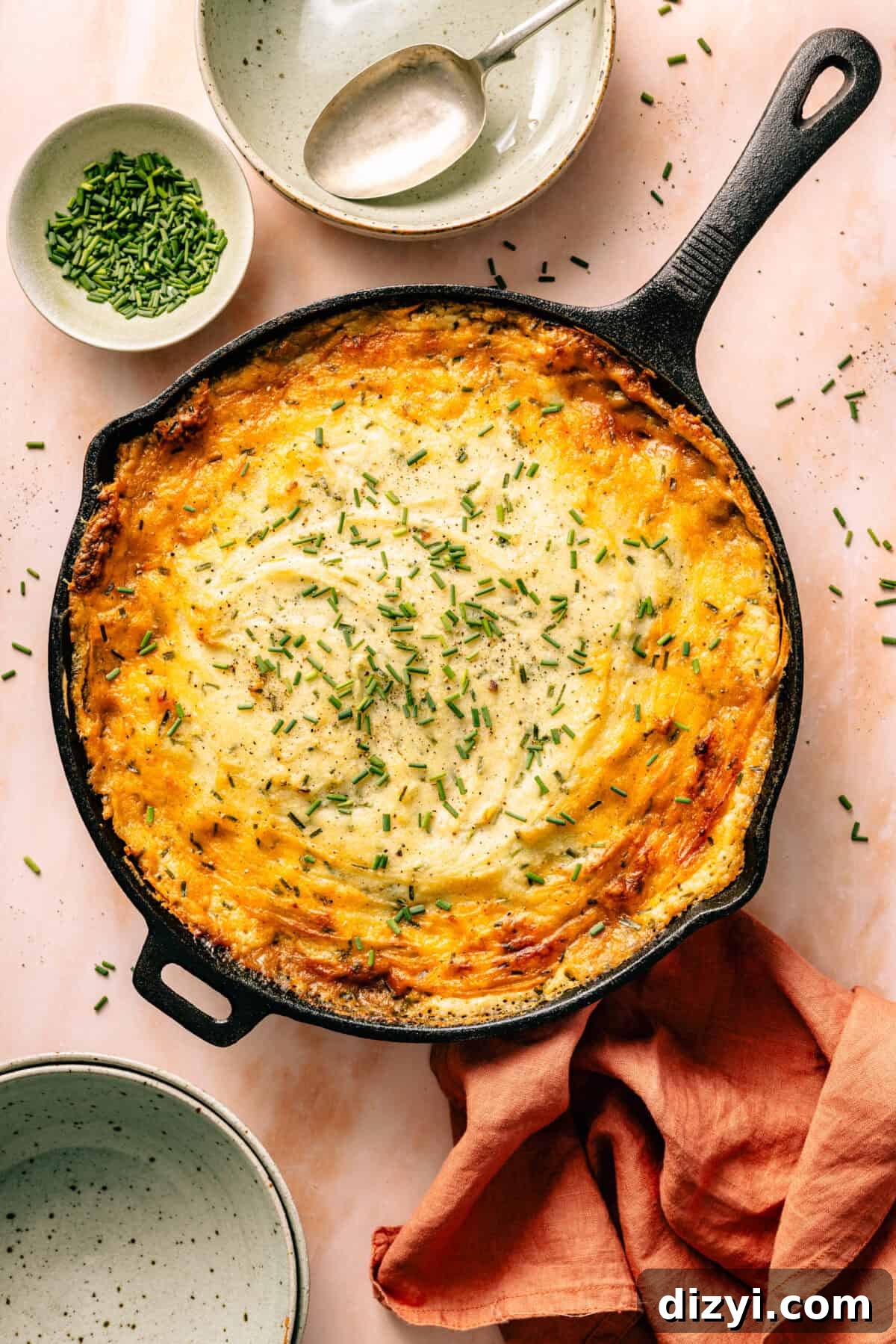 Skillet Shepherd's Pie in black skillet.