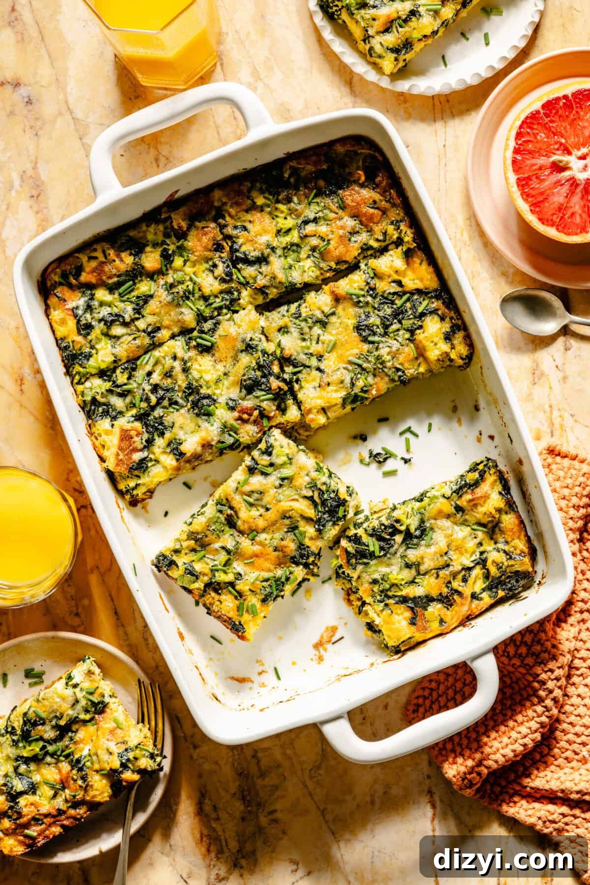 Copycat Starbucks Pesto & Ciabatta Egg Bake in baking dish.