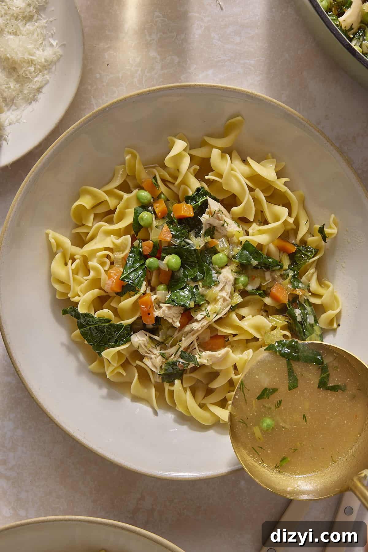 Classic Chicken and Leek Noodle Soup Recipe 8 Noodles in bowl with Chicken and Leek Noodle Soup being ladled on top.