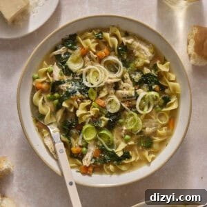 Classic Chicken and Leek Noodle Soup Recipe 9 Chicken and Leek Noodle Soup in bowl.