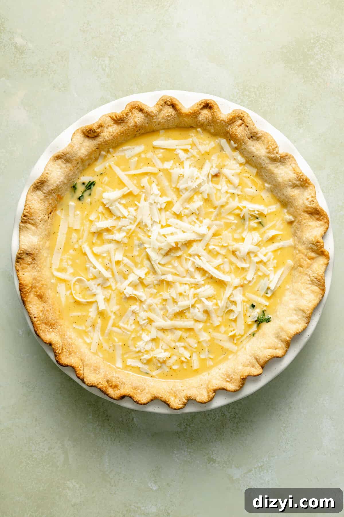 Italian Sausage and Arugula Quiche before it is baked.