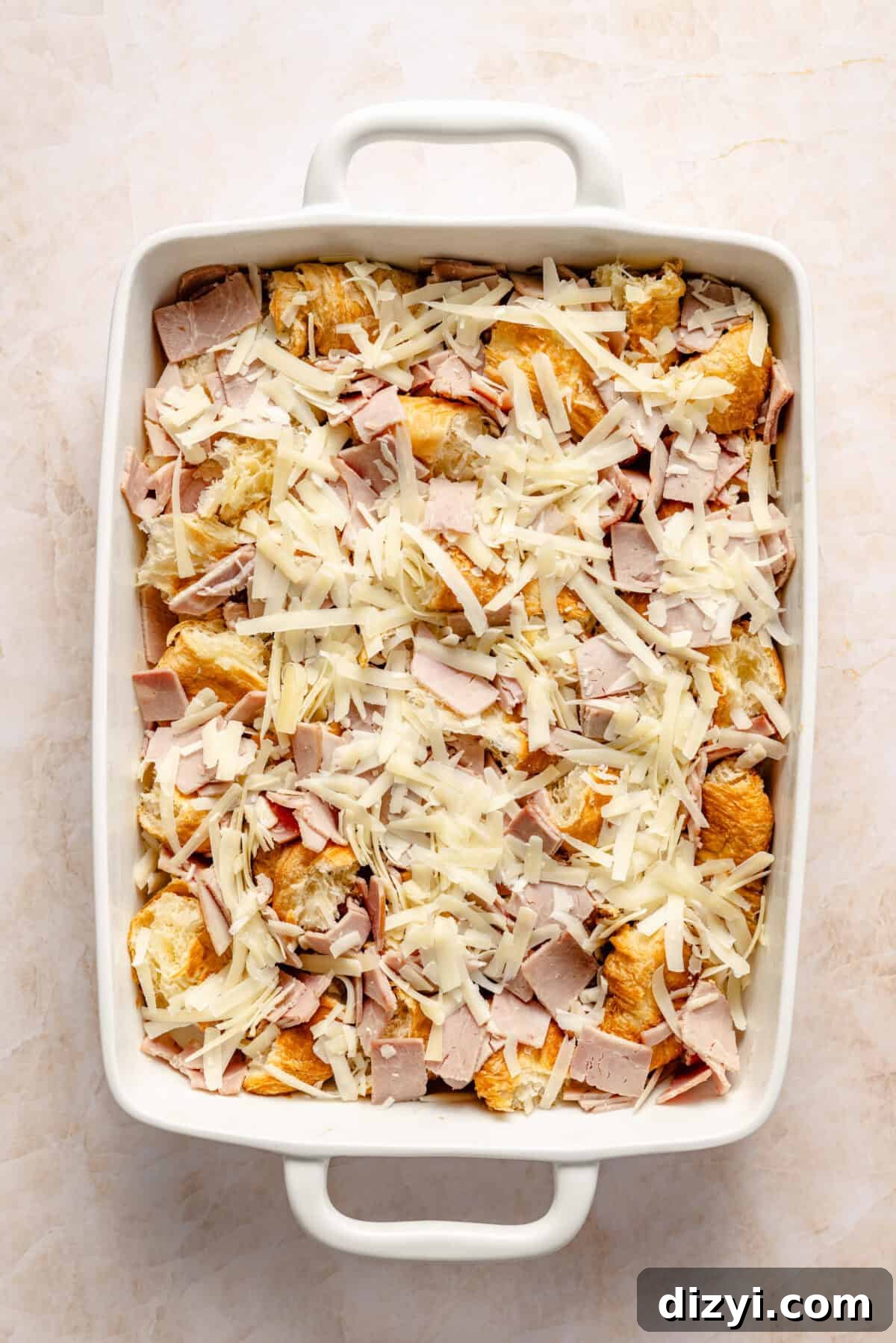 Croque Monsieur Breakfast Casserole with Ham and Gruyere 3 Croque Monsieur Breakfast Casserole before eggs are added.
