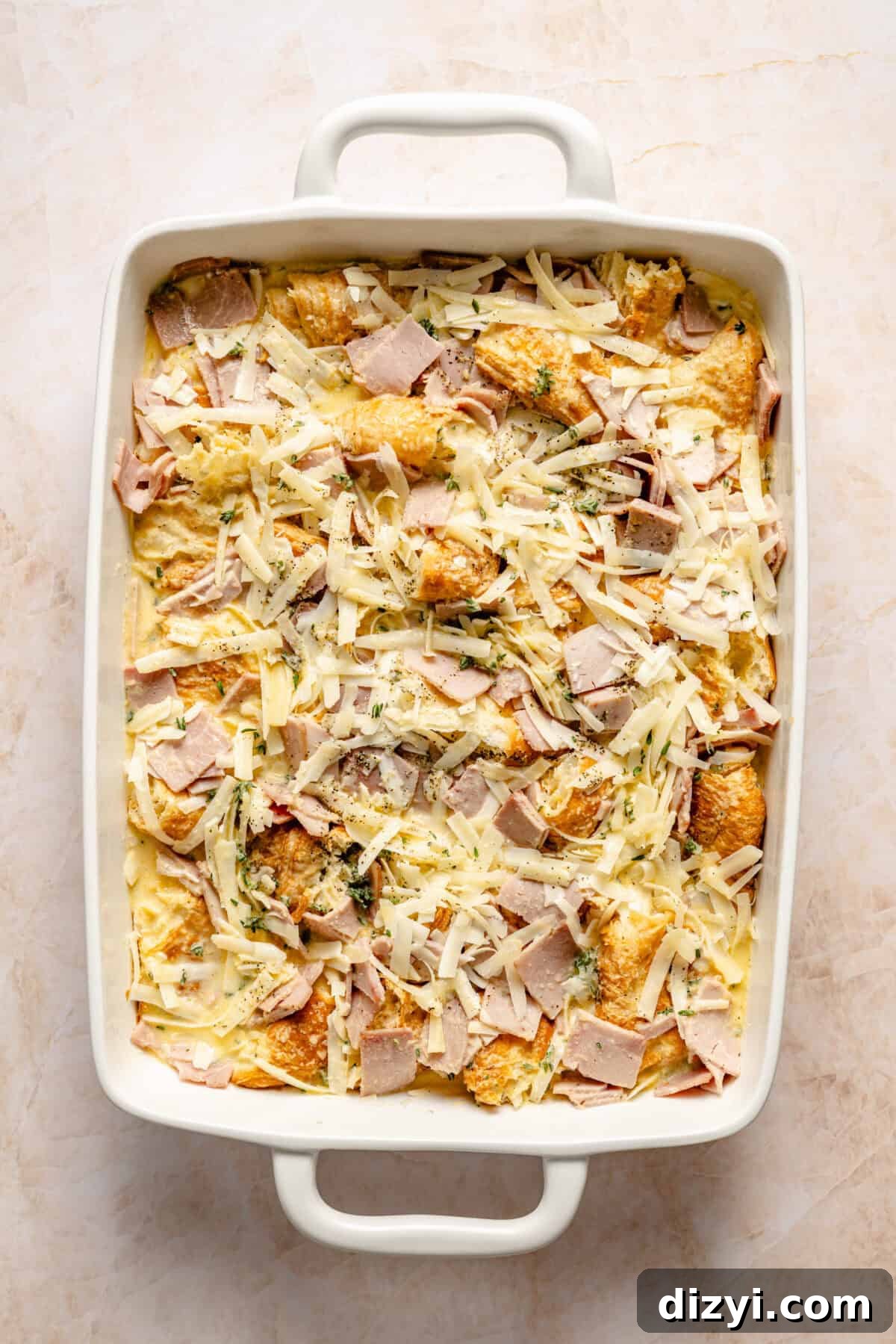 Croque Monsieur Breakfast Casserole with Ham and Gruyere 5 Croque Monsieur Breakfast Casserole before it is baked.