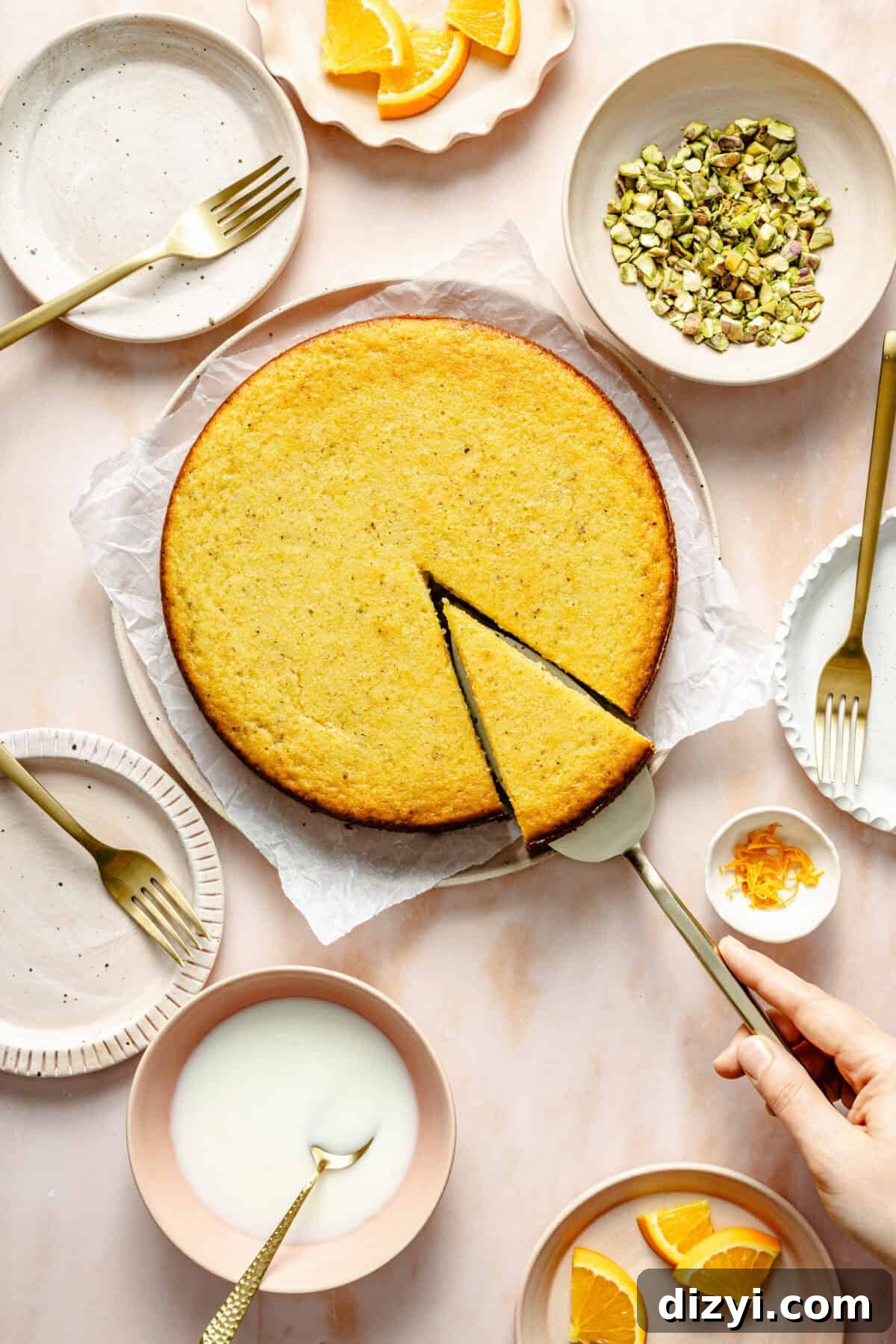 Citrus Greek Yogurt Cake with toppings arranged around it.