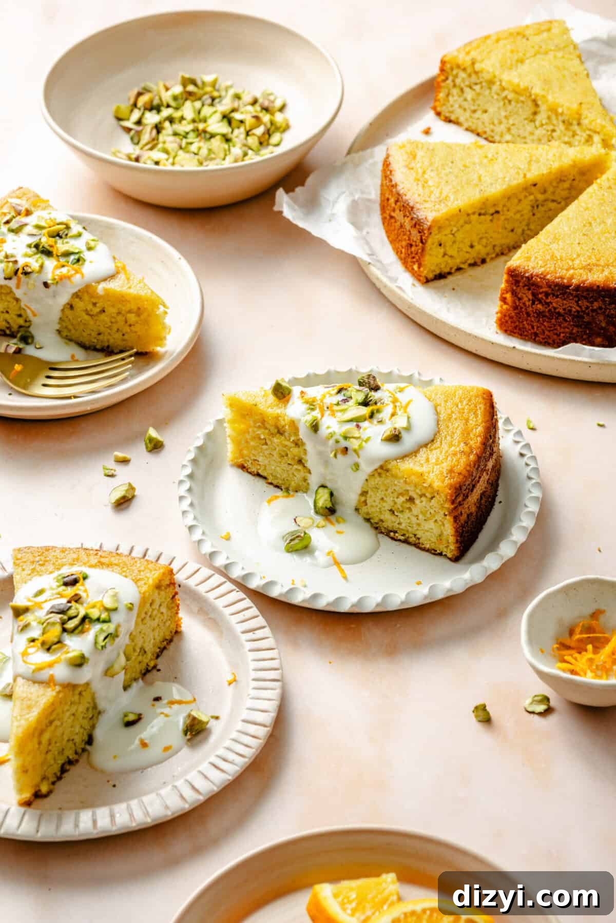Slices of Citrus Greek Yogurt Cake on plates. Some garnished and some plain.