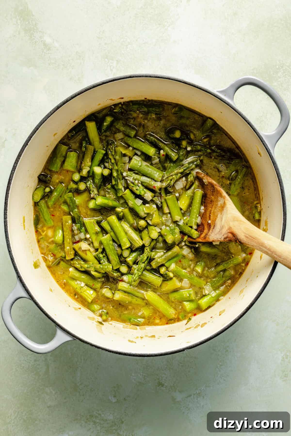Cream of Asparagus Soup before it is blended.