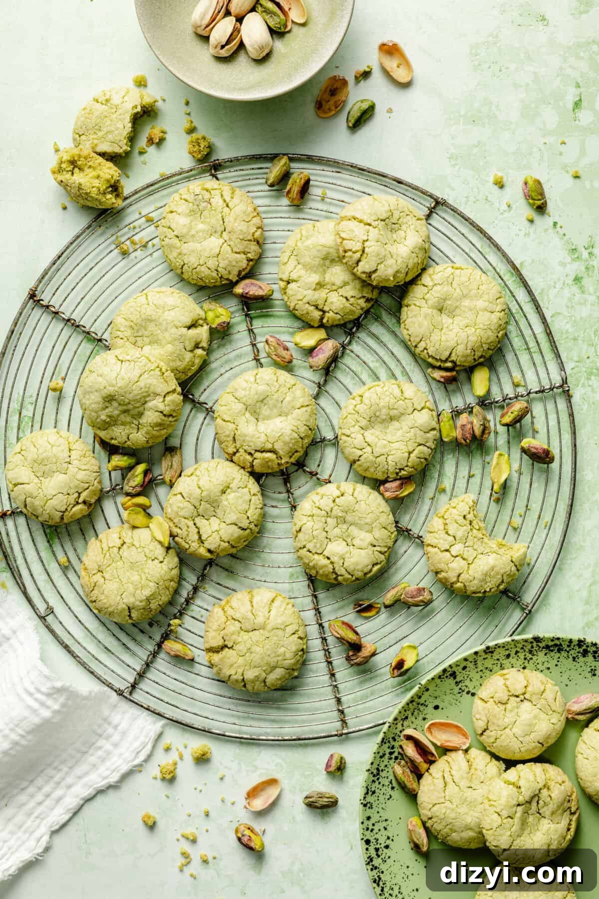 Pistachio Italian Wedding Cookies: Grain-Free Recipe 3 Grain-Free Pistachio Italian Wedding Cookies on cooling rack.