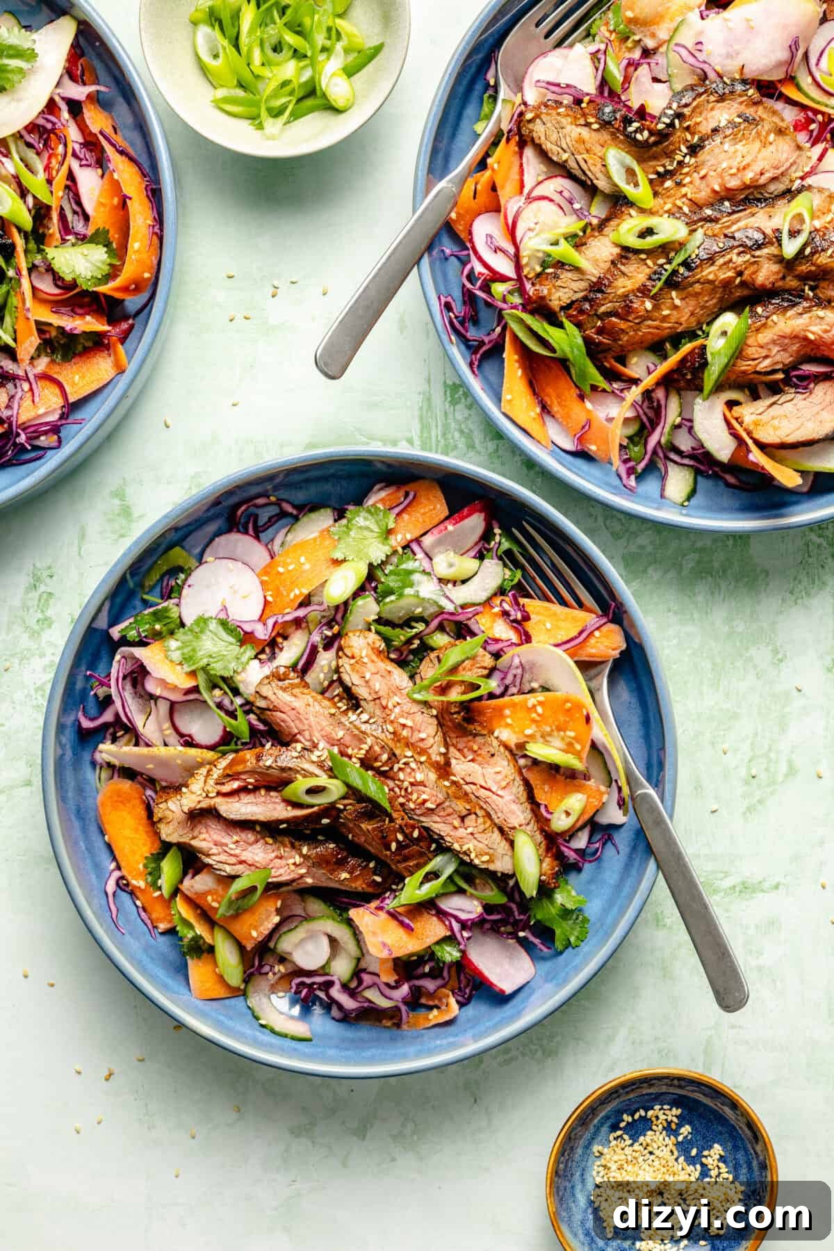 Korean BBQ Skirt Steak with Shaved Vegetable Salad 2 Korean-Inspired Skirt Steak and Shaved Veggie Salad plated in low blue bowls.