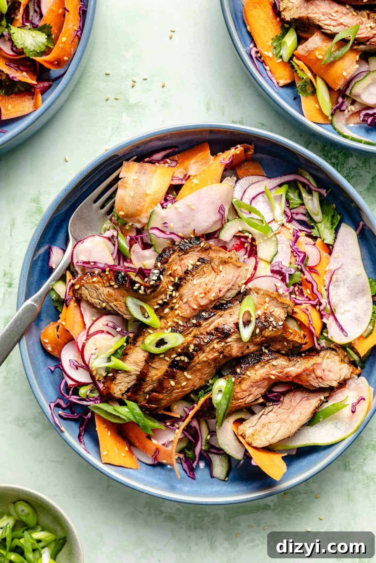 Korean BBQ Skirt Steak with Shaved Vegetable Salad 3 Korean-Inspired Skirt Steak and Shaved Veggie Salad plated in blue bowl.