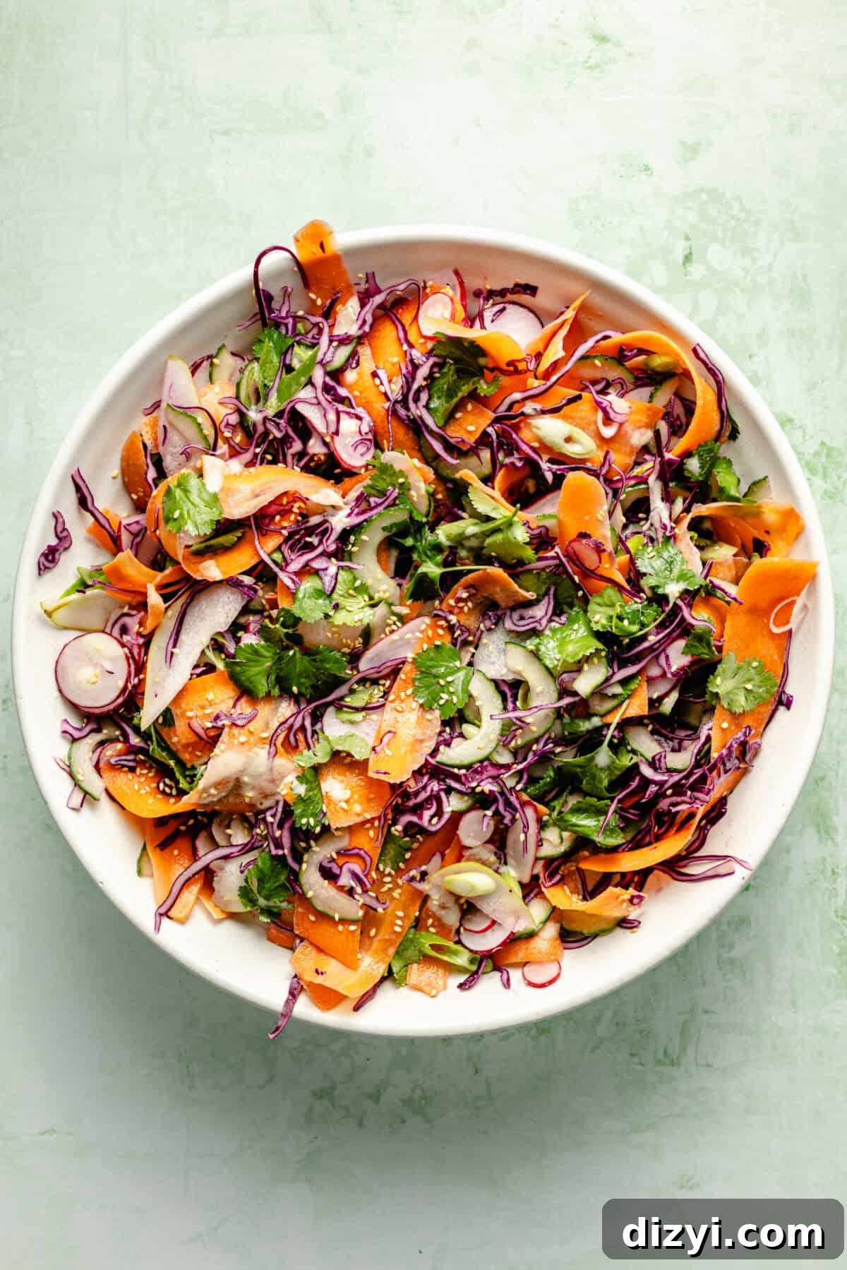 Korean BBQ Skirt Steak with Shaved Vegetable Salad 6 Shaved Veggie Salad in large white bowl.