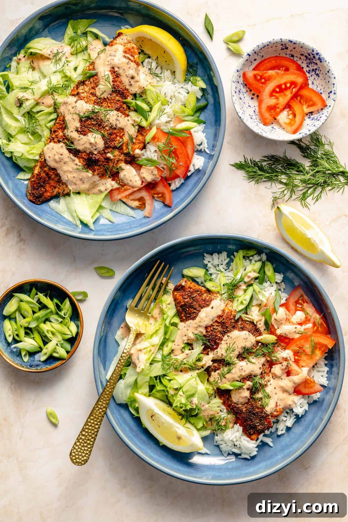 Grilled Cajun Fish Bowls plated in two blue bowls.