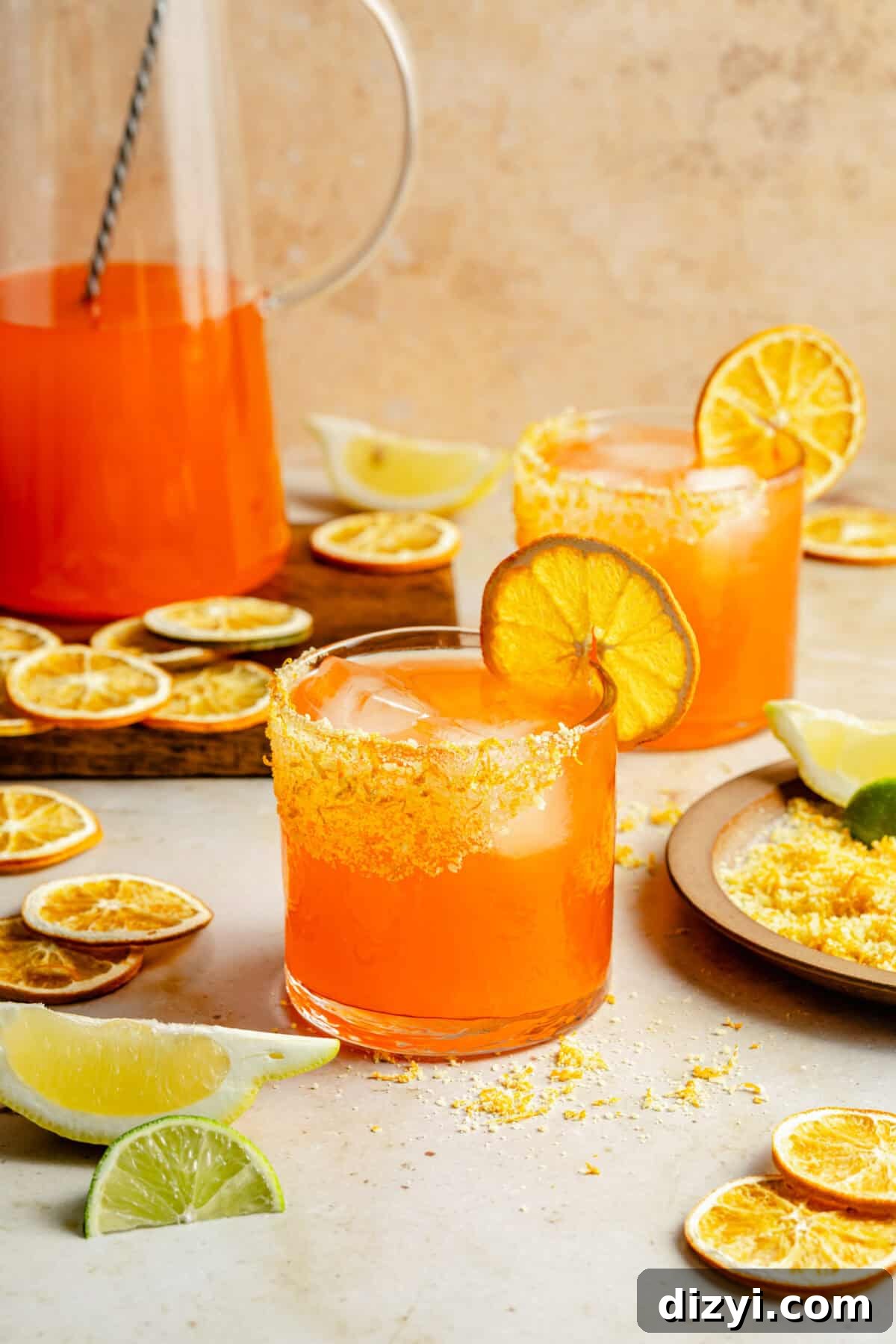 Italian Limoncello Margarita Cocktail Recipe 2 Italian Margarita in two glasses with pitcher in background.