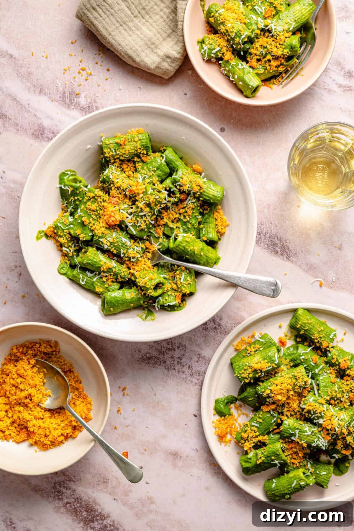 Green Pasta with Spicy Calabrian Breadcrumbs 2 Saucy Green Pasta with Calabrian Breadcrumbs plated in bowls.