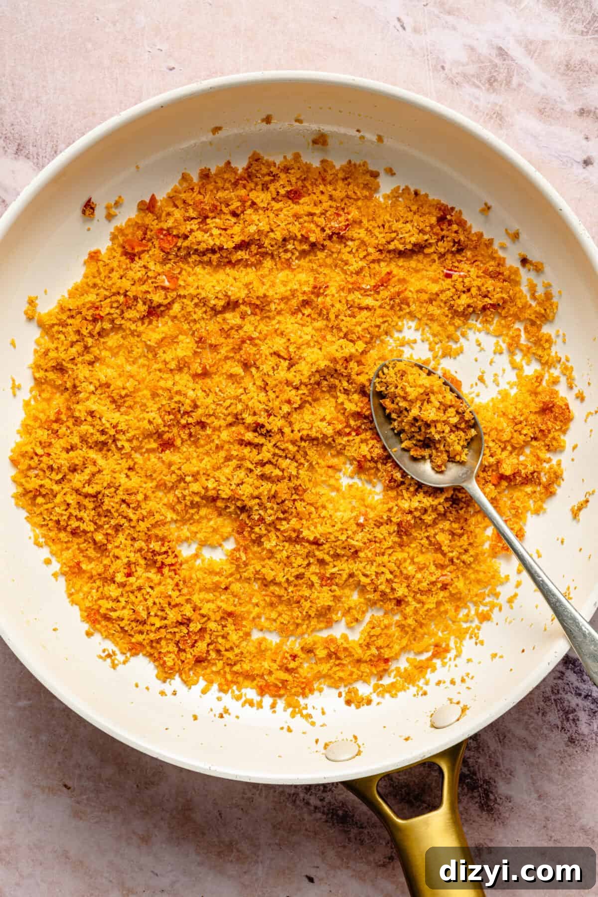 Green Pasta with Spicy Calabrian Breadcrumbs 4 Calabrian Breadcrumbs in skillet.