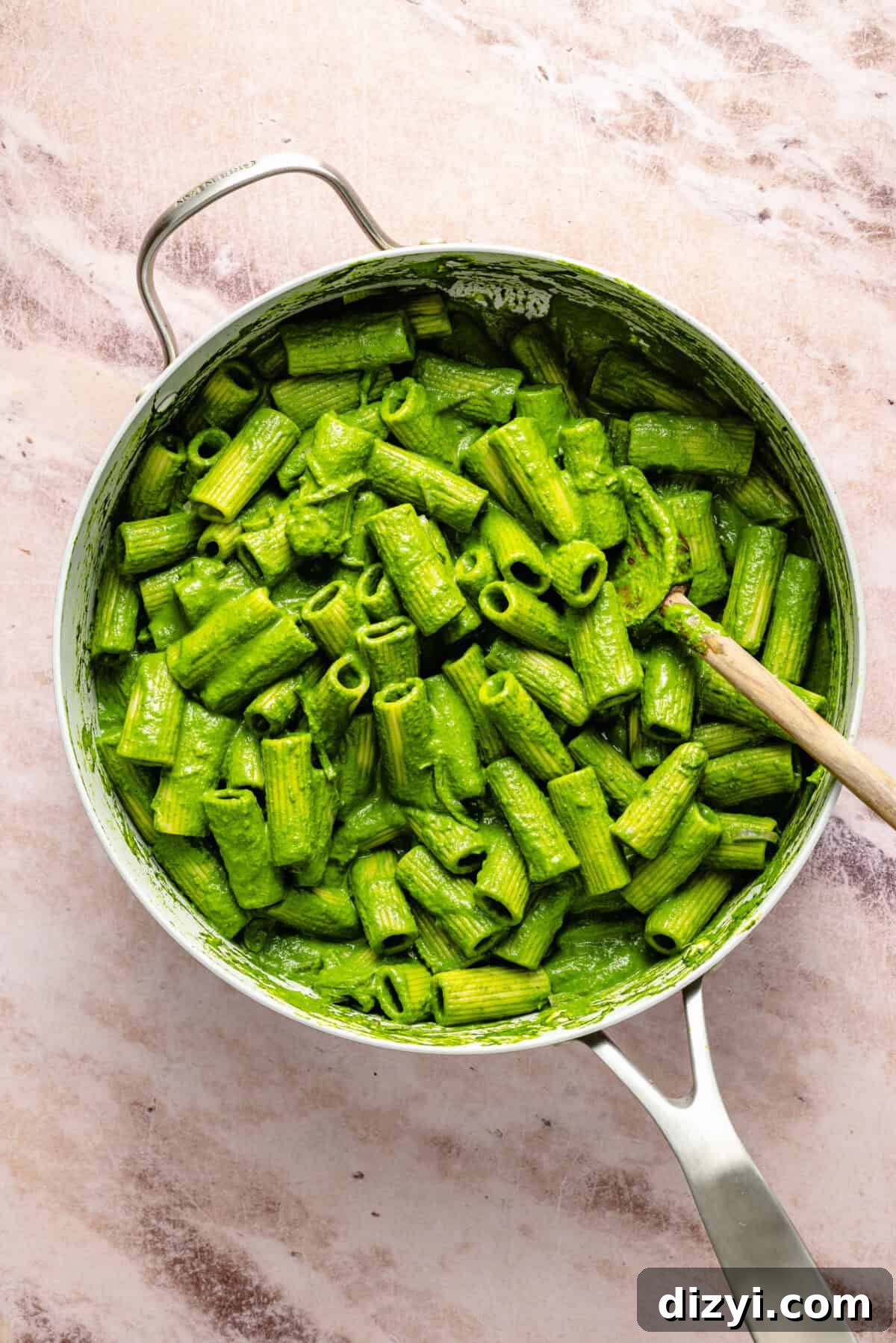 Green Pasta with Spicy Calabrian Breadcrumbs 7 Saucy Green Pasta in skillet before it is plated.