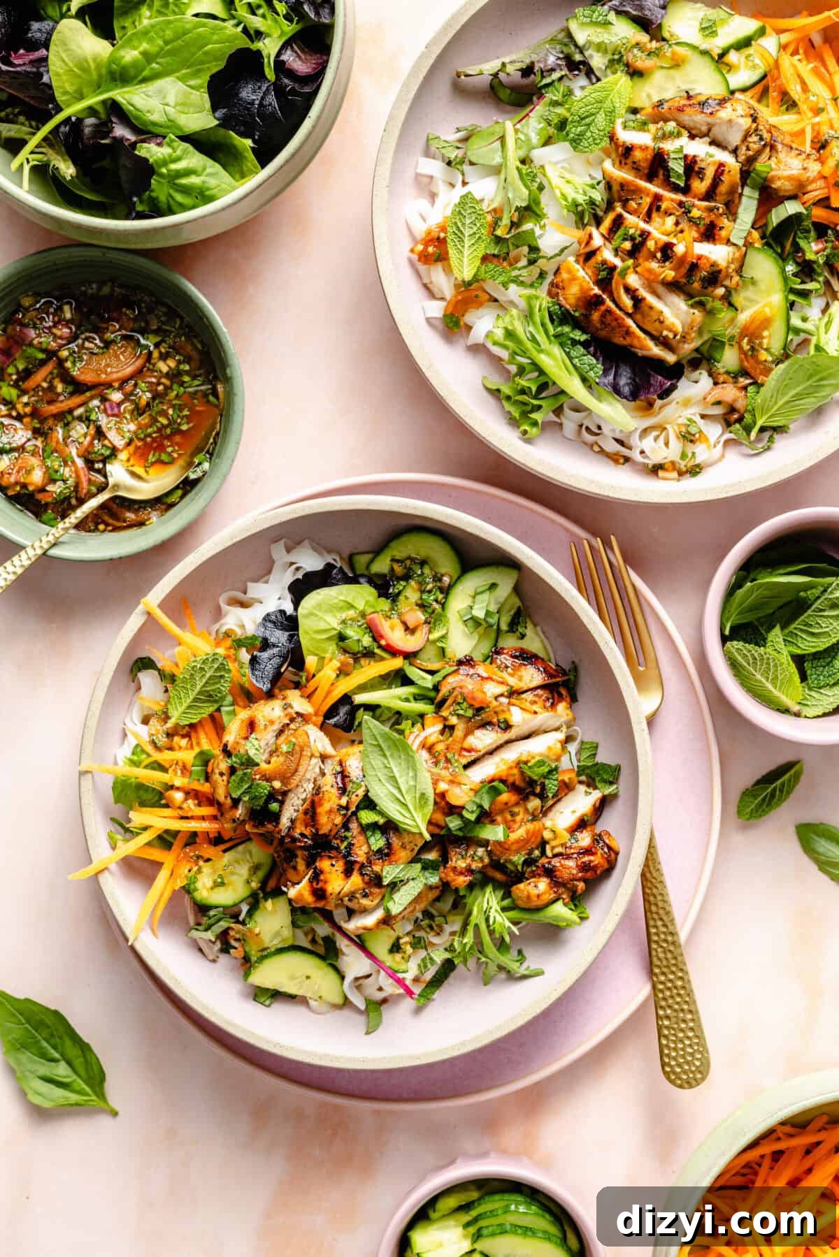 Vietnamese Chicken Noodle Bowls with Lime and Fresh Herbs 2 a beige and pink bowl filled with rice noodles, chicken, and vegetables on a pink background