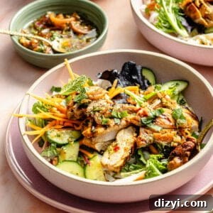 Vietnamese Chicken Noodle Bowls with Lime and Fresh Herbs 6 a bowl of chicken, rice noodles, vegetables, and herbs on a light pink background