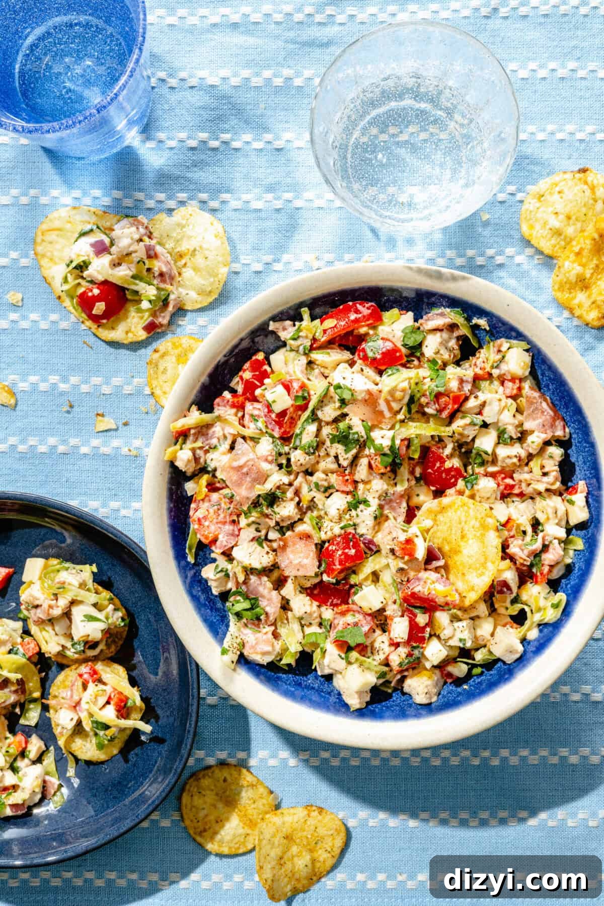 Deli-Style Chopped Chicken Salad Recipe 5 two bowls of prepared chopped chicken salad with jalapeño potato chips on a blue striped background