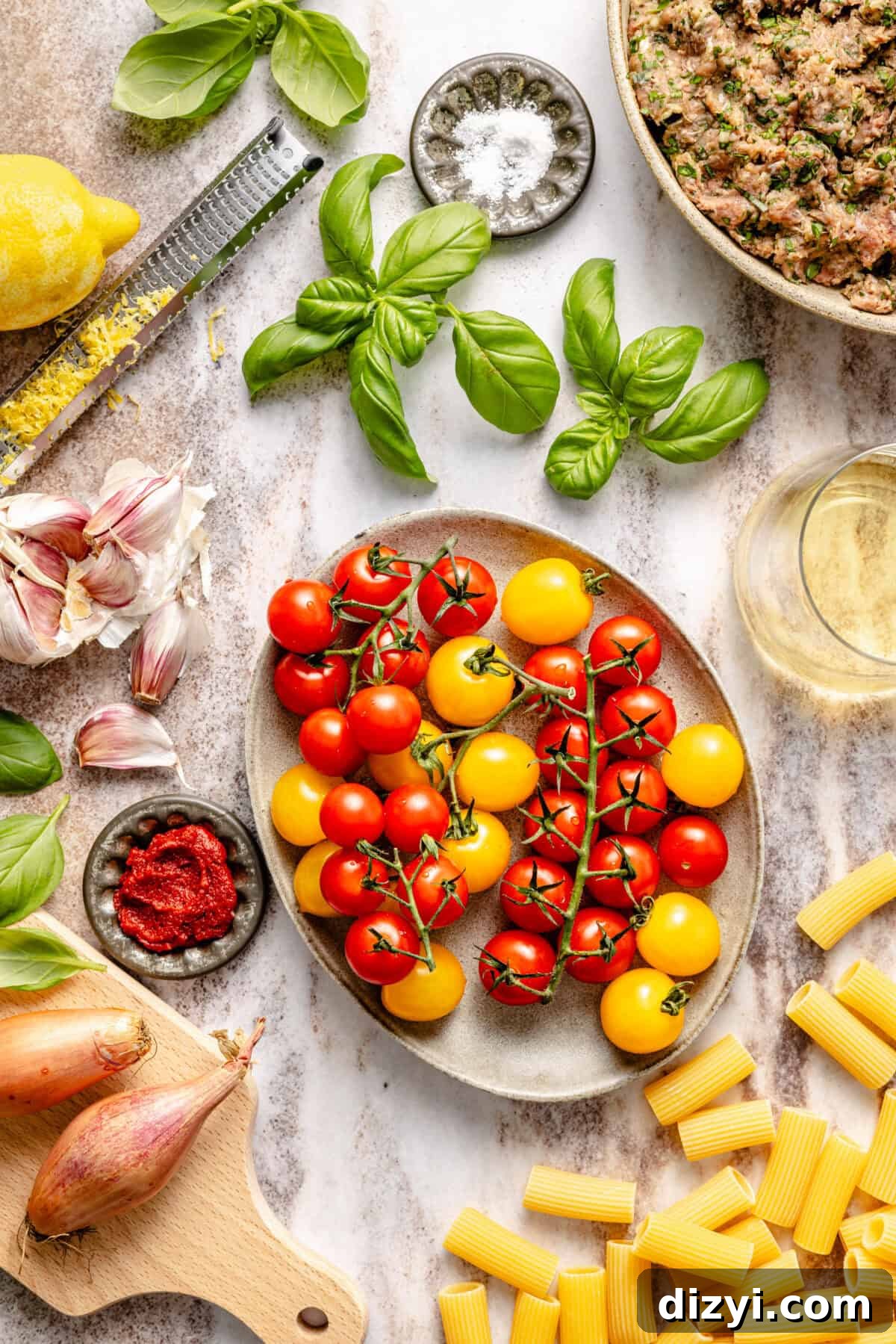 a platter of cherry tomatoes and sun gold tomatoes with fresh basil, dried pasta, garlic, and tomato paste