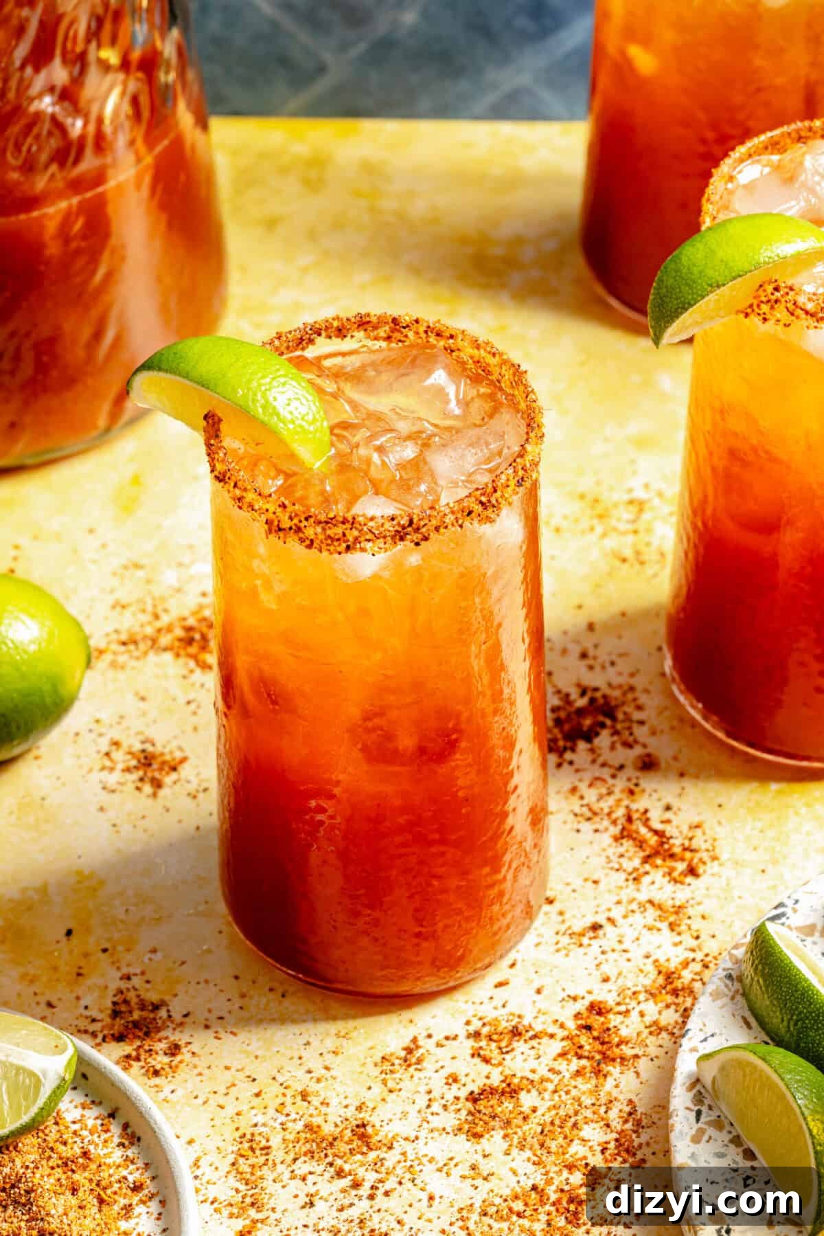 a close-up of a glass of a Michelada cocktail with a spiced rim and lime wedge